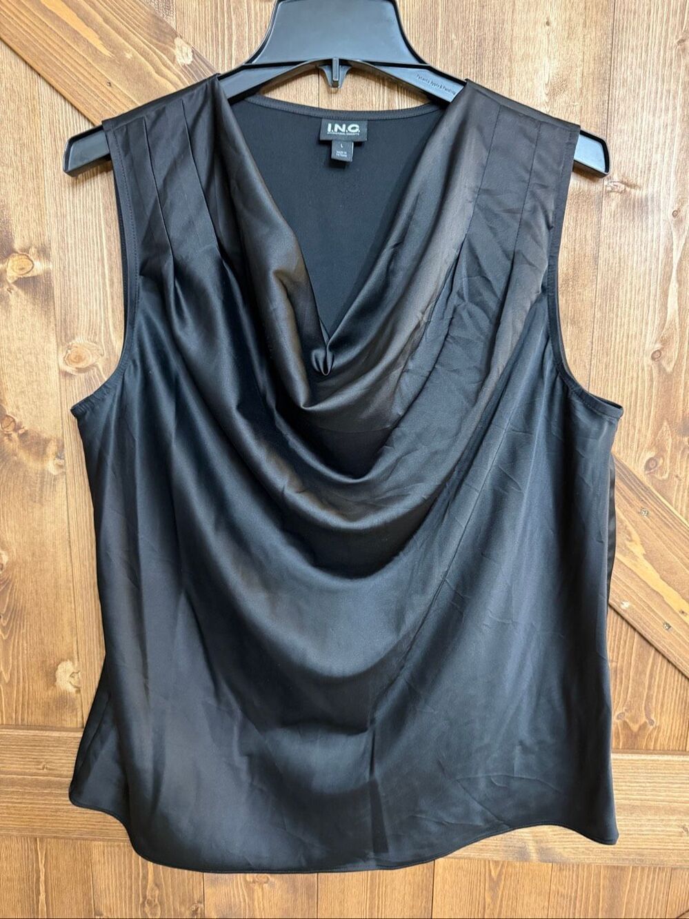 INC International Concepts Women’s Large Black Satin Cowl Neck Sleeveless Blouse